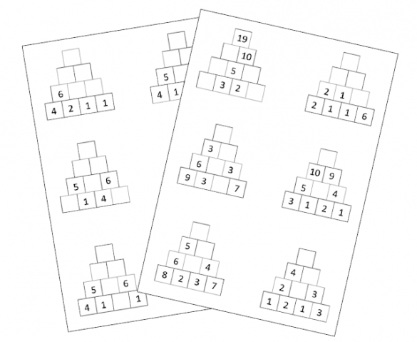 karty pracy piramidy matematyczne z dodawaniem, odejmowaniem i mnożeniem.